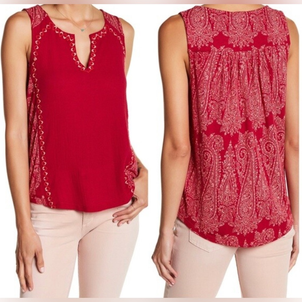 Like New Lucky Brand Women's Sleeveless Mixed Media Boho Cranberry Blouse, Small